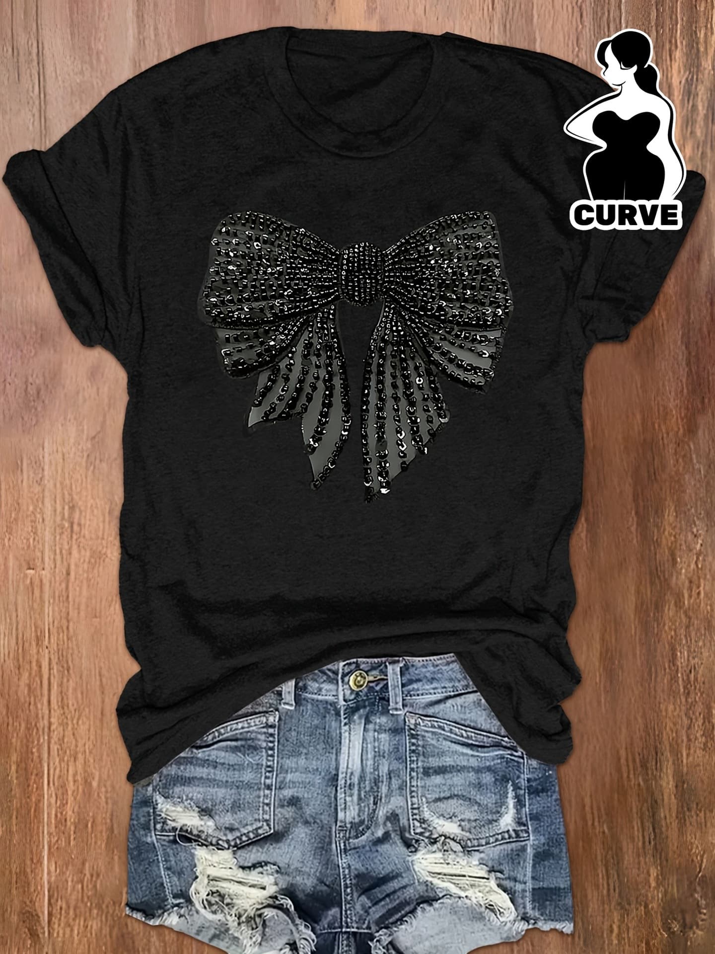 Women's Plus Size Casual Short Sleeve T-Shirt - Black Rhinestone Bow Pattern Print, Spring and Summer Loose Round Neck