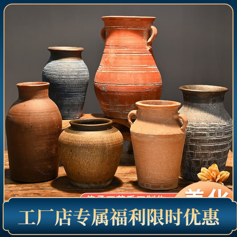 Vintage Pottery Handmade Coarse Clay Succulent Planter Flower Pot Vessel Old Clay Pot New Chinese Style Dried Flower Special Price Bundle