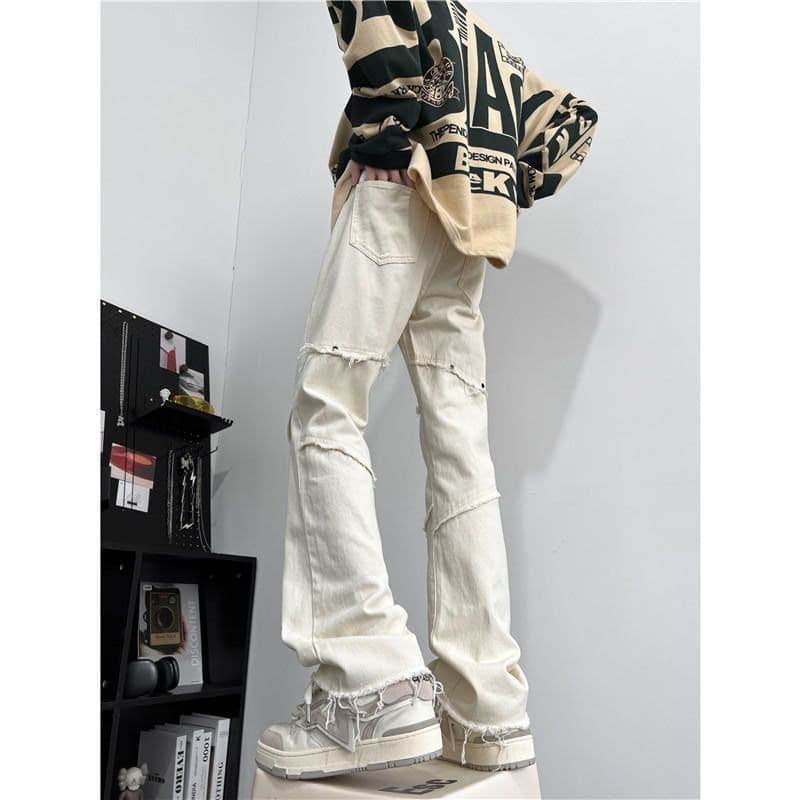 Off-White Raw Edge Jeans American Retro Vibe Pants Men's High Street Fashion Brand Micro-Flared Straight Pants Casual Pants for Men