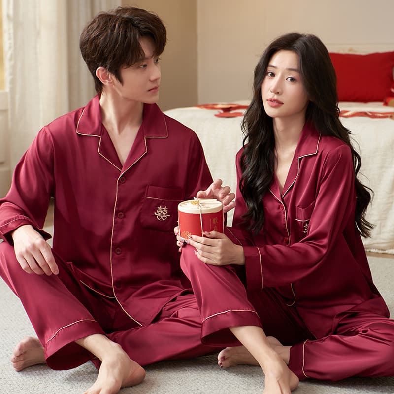 Wedding Pajamas Newlyweds Couple Suit Ice Silk Red Long Sleeve Zodiac Year Men and Women Groom and Bride Home Clothing Suit