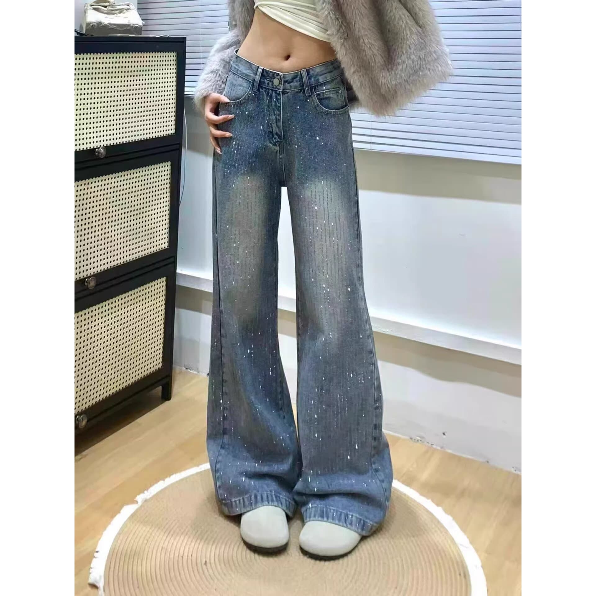 Flashing Starry Sky Loose Straight Wide-Leg High-Waist Slightly Tummy-Hiding Rhinestone Jeans for Women, Plus Size Slimming Hip