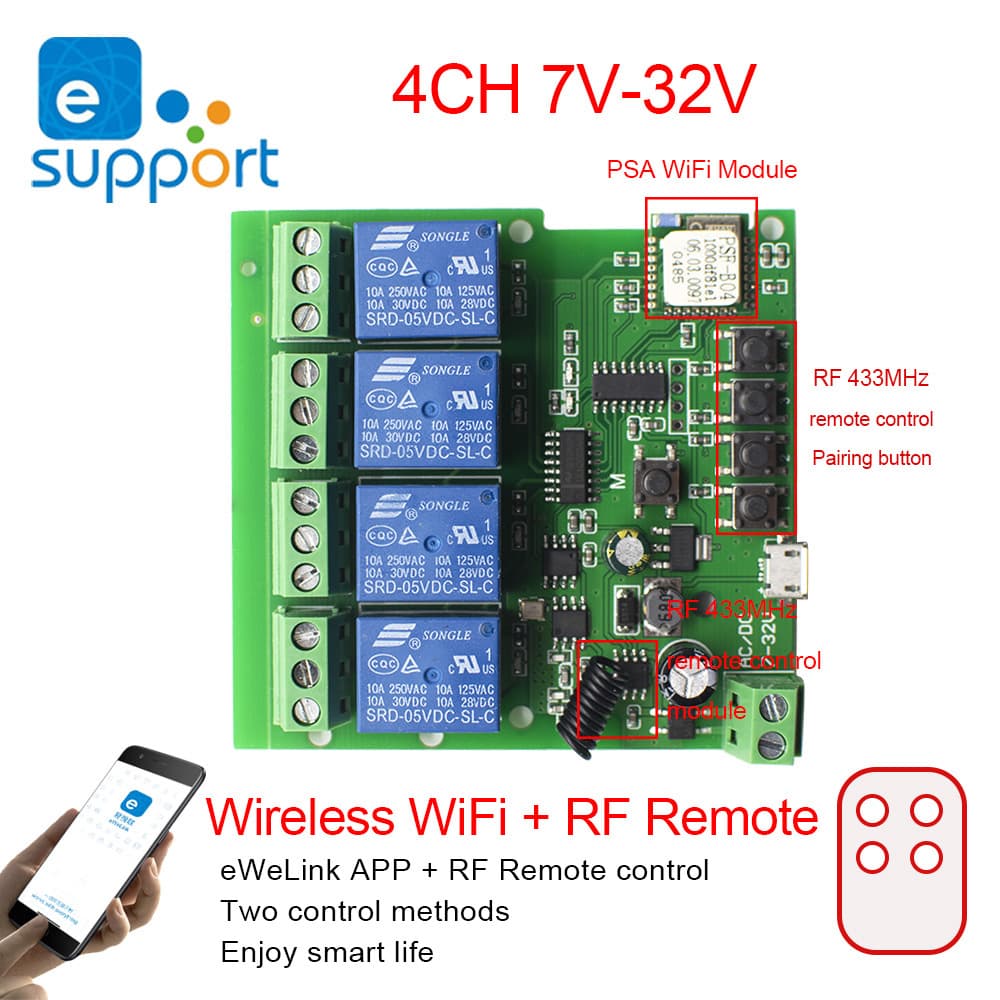 eMicroLink four-way momentary switch WiFi relay module timer remote smart remote control WiFi module