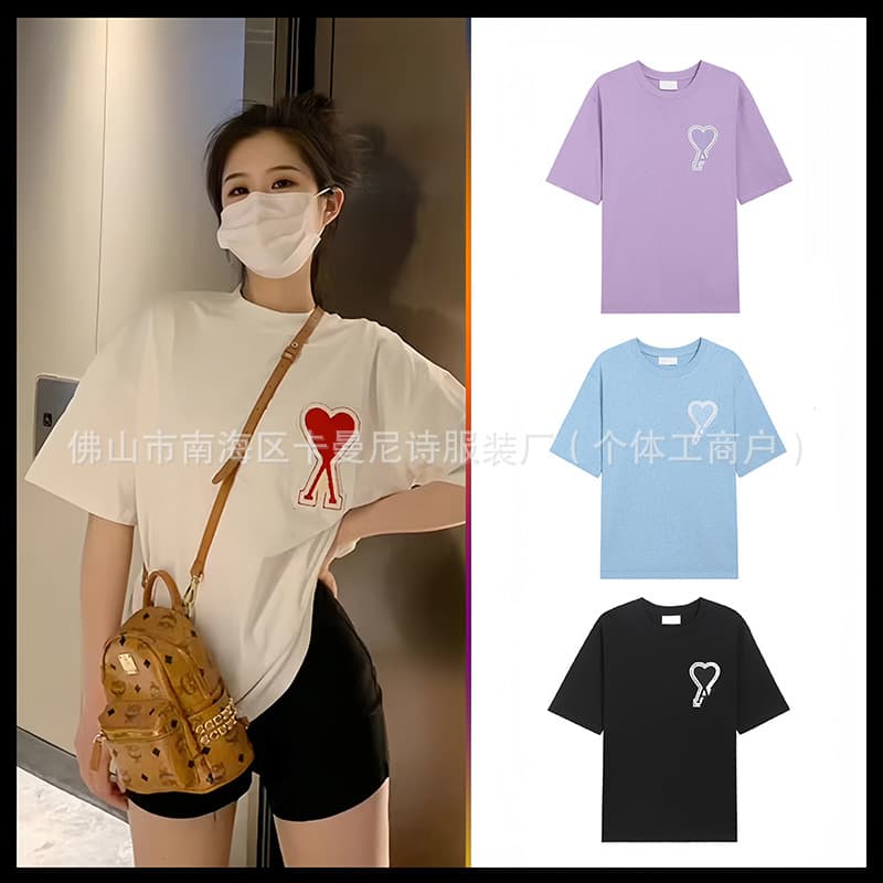 Ami kmns Unisex Cotton Short Sleeve Loose Casual A-Heart Crew Neck T-Shirt Summer Streetwear Cross-Border Top