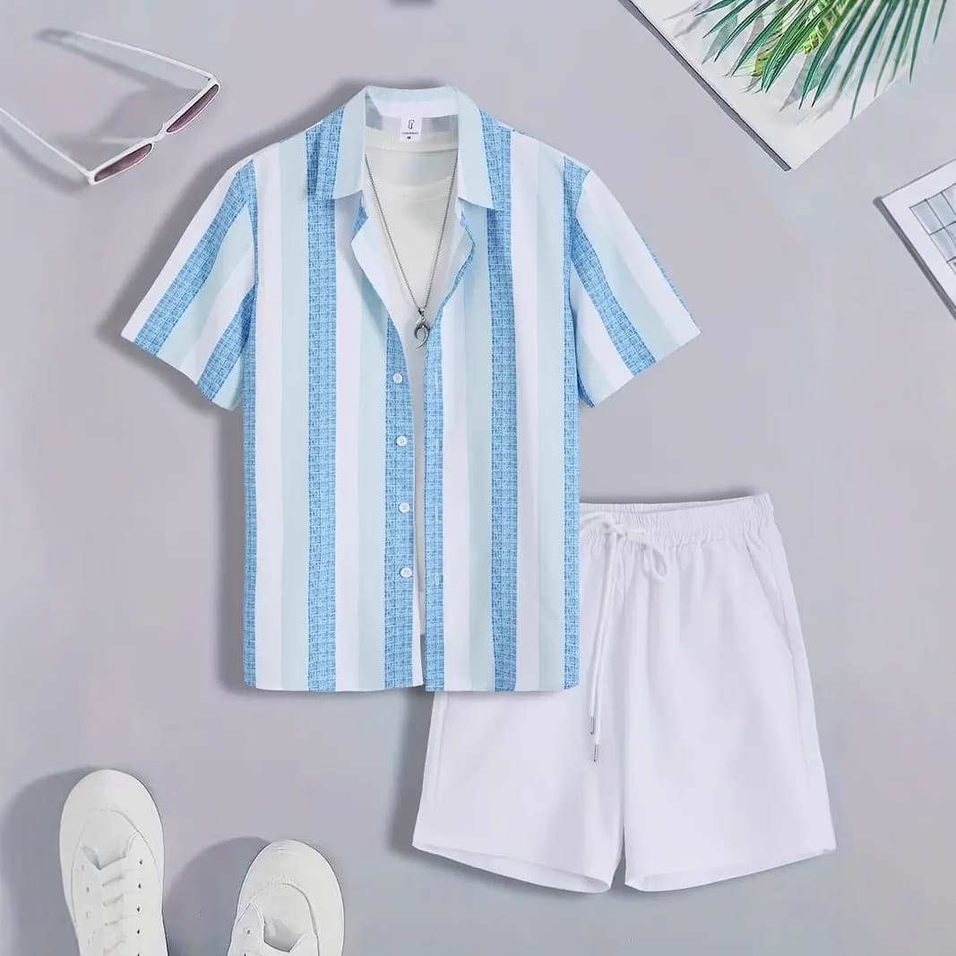 New cross-border foreign trade summer new men's casual sports plaid striped summer short-sleeved shirt suit