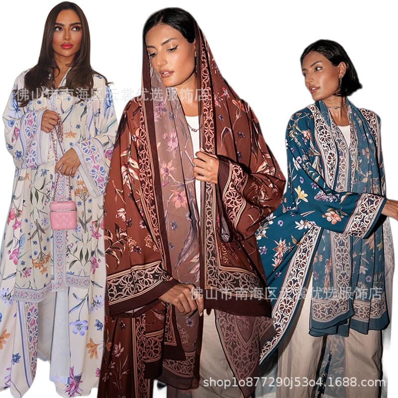 Cross-Border Foreign Trade Fashion Rhinestone Printed Long-Sleeved Cardigan Dress with Headscarf