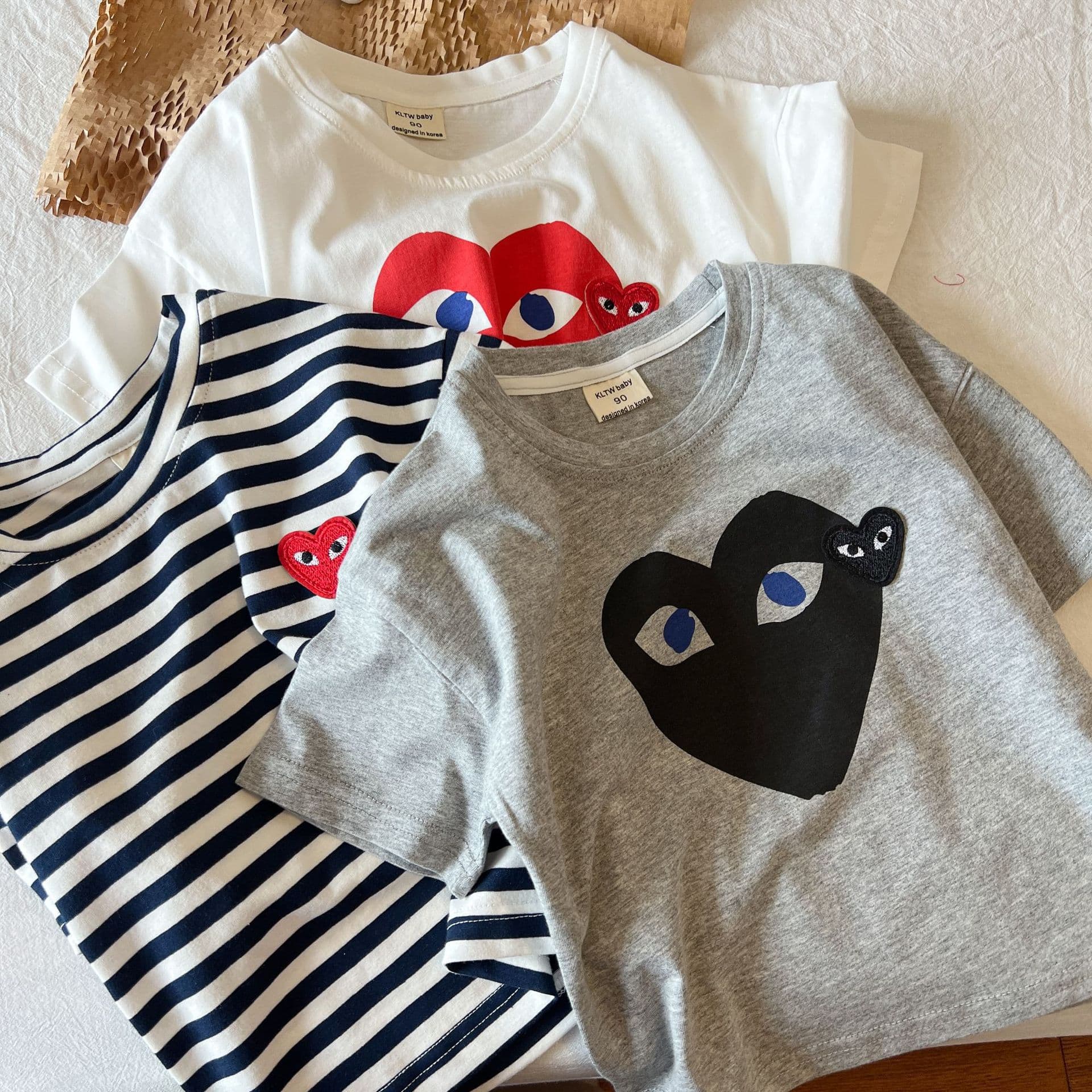 2024 Summer New Kids T-Shirt Short Sleeve Top Baby Striped Half Sleeve Shirt Heart Base Layer