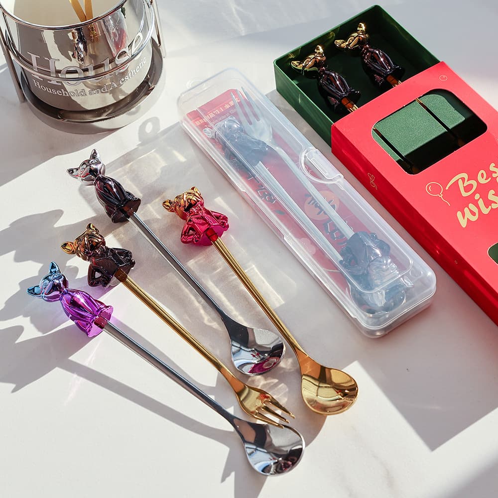 V Cross-Border Stainless Steel Iridescent Plush Spoon and Fork Set, Creative Cute Spoon and Fork Gift Box