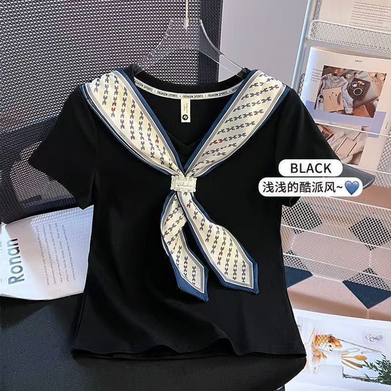 Summer Korean Style Silk Scarf T-Shirt Design High-End T-Shirt 2025 New Niche Style Slimming Fashionable Versatile Top
