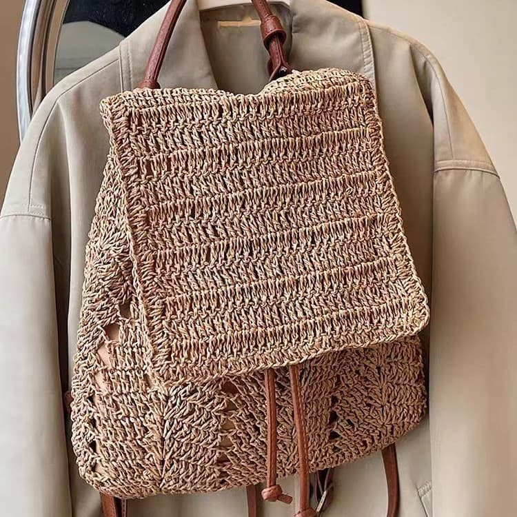 Large Capacity Casual Versatile Woven Bag Two-Way Simple Backpack Fashion Beach Bag Straw Bag Forest Style Shoulder Bag