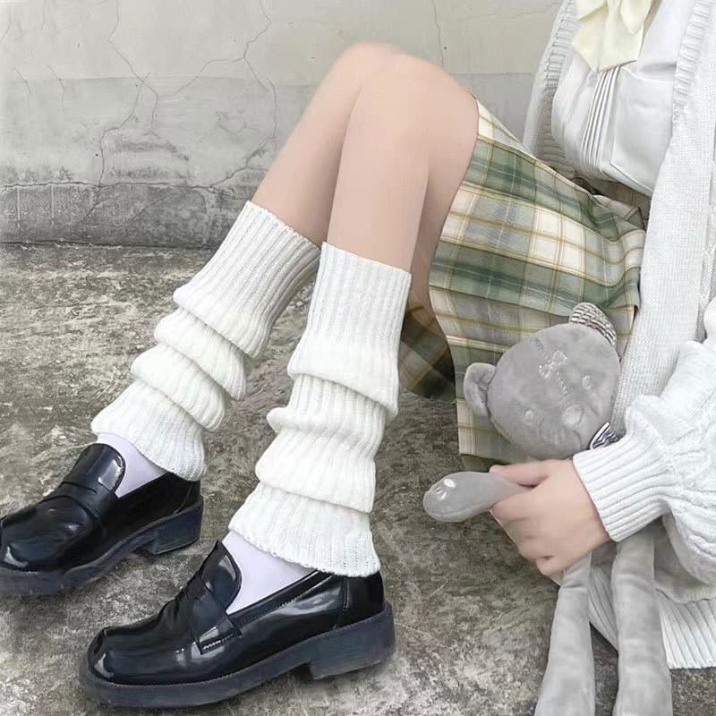 Knitted JK sock covers for women, white long tube calf socks, leg warmers, autumn and winter warmth, Lolita stacked socks, Lolita style