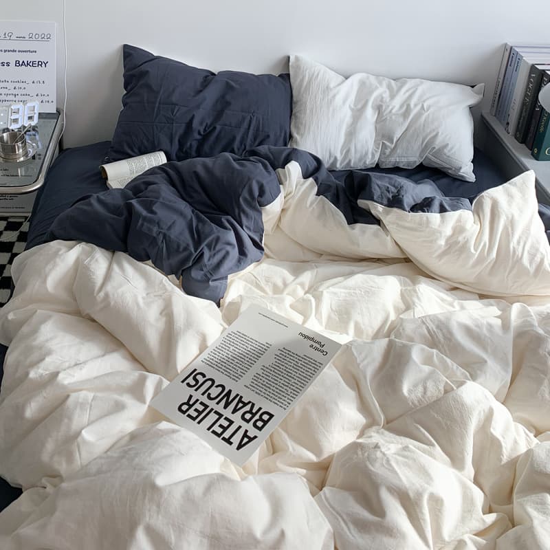 Two-tone 4-Piece Washed Cotton Summer Bedding Set, Dorm Bed Sheet Set, Solid Simple Fitted Sheet and Duvet Cover
