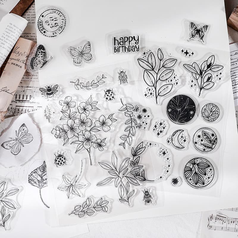Vintage Silicone Clear Stamps for Journal DIY Decoration English Letter Number Plant Stamp, 1 Sheet