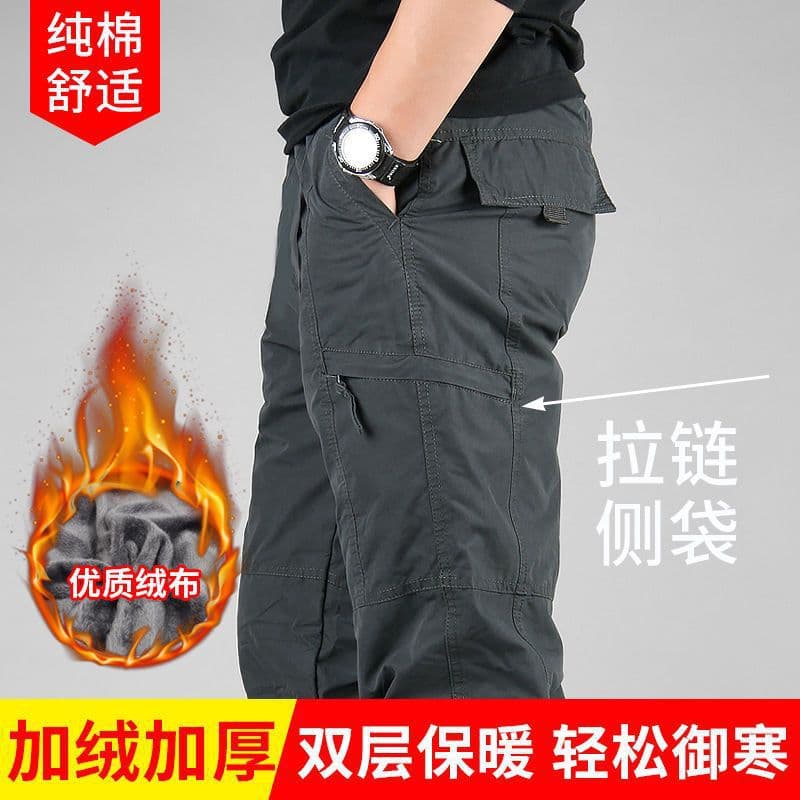 Autumn/Winter Fleece-Lined Thickened Cargo Pants Men's Outdoor Warm Men's Cotton Pants Straight-Leg Plus Size Multi-Pocket Casual Trousers