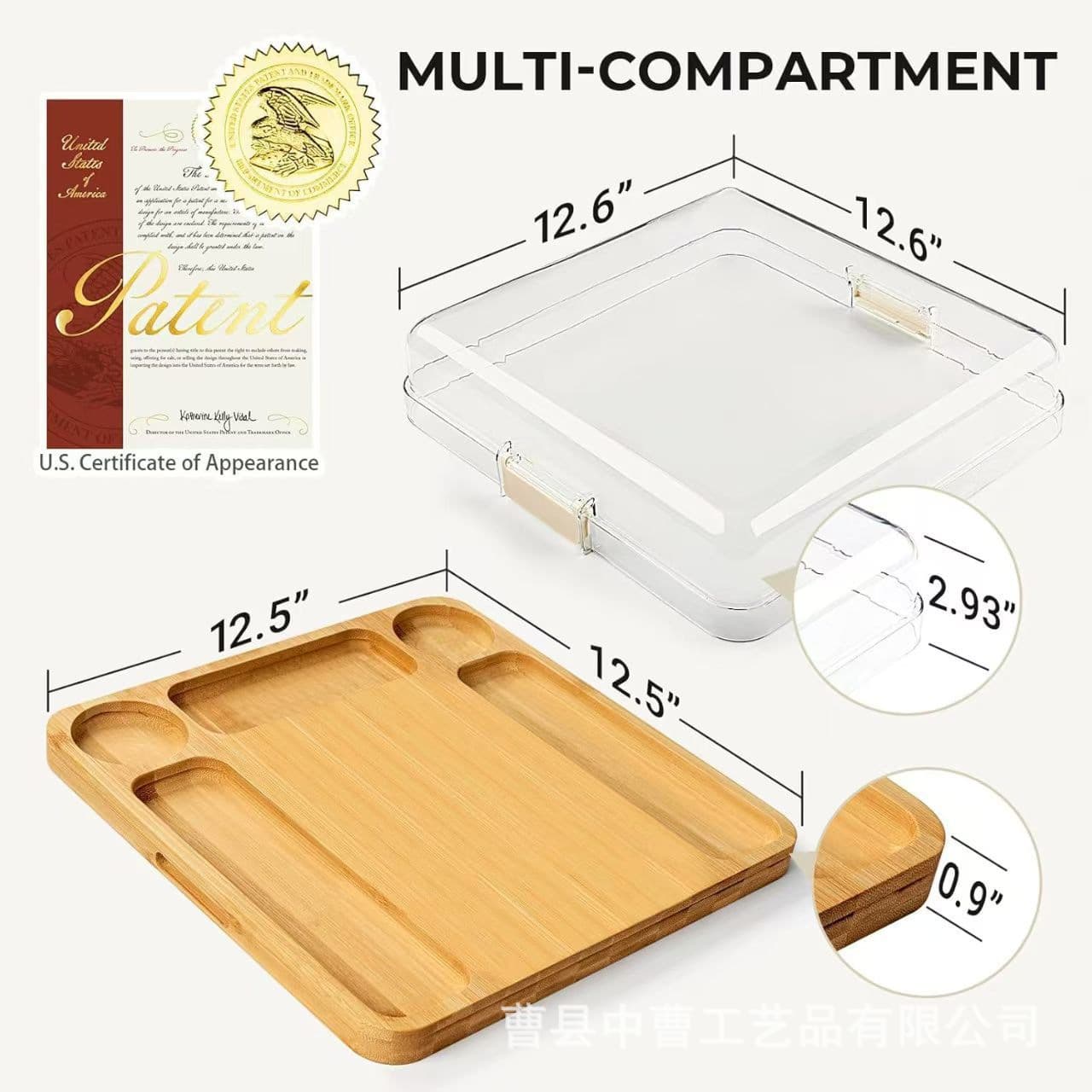 Bamboo divided tray with acrylic transparent lid, compartmentalized home party gathering pastry, fruit, and snack platter
