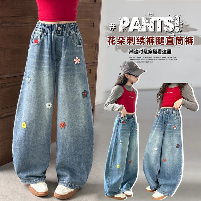 Girls Pants 2025 New Style Straight-Leg Casual Long Pants for Big Kids, Autumn Flower Embroidery Children Wide-Leg Denim Pants
