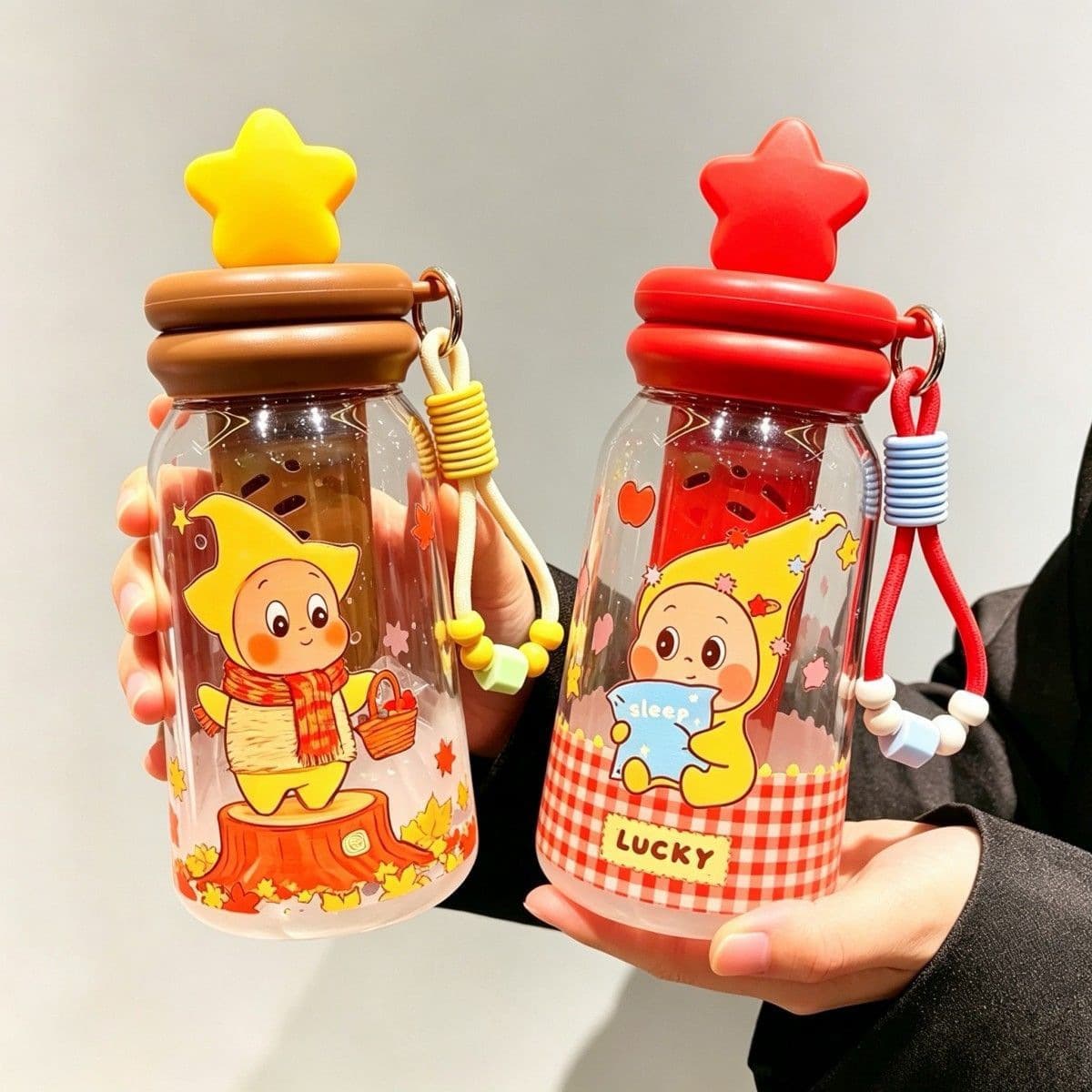 New Star Man plastic water cup for girls, high-looking cartoon, cute straw cup, portable anti-fall children's water cup