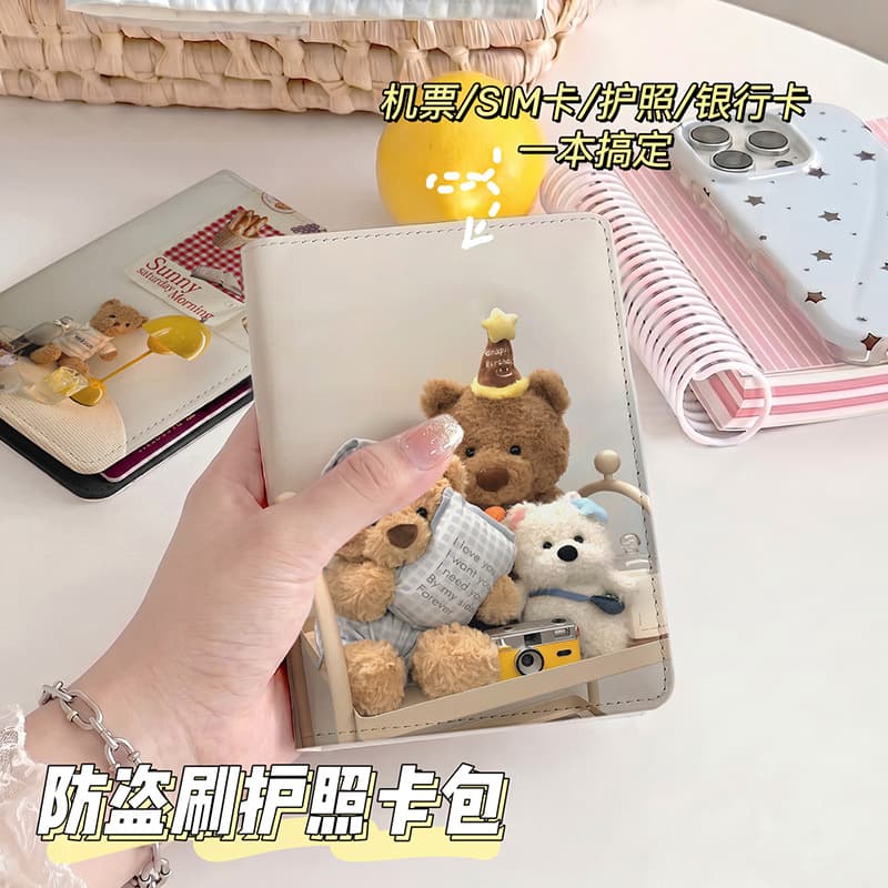 ins style bear anti-theft brush passport protective cover for overseas travel multifunctional passport holder storage bag card bag