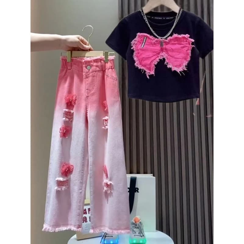 2025 Bestseller sweet and cool two-piece summer set for girls with short sleeves and jeans
