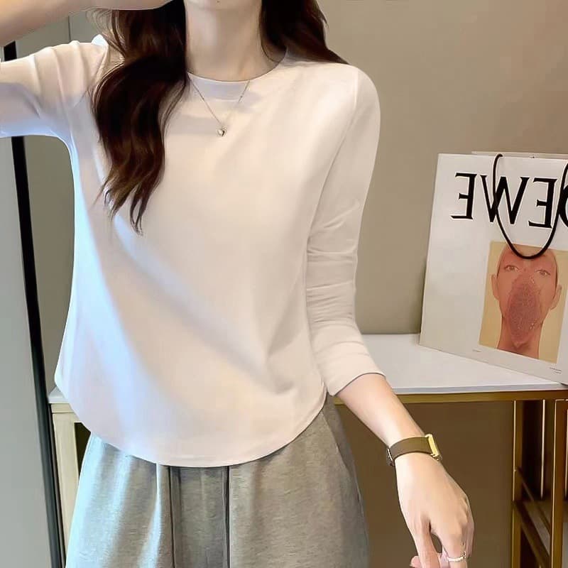 2025 New Spring/Autumn Cotton Base Layer Top for Women, Korean Style Fashion Design with Curved Hem