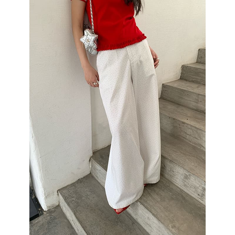 Quanshi Mei NEWOPEN 2025 Summer Versatile Women's Slimming Cotton Polka Dot Wide Leg Casual Pants S5205