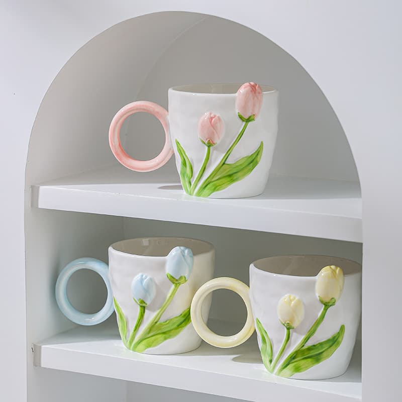 Tulip Ceramic Mug Nordic Gift Cup for Women Office Water Cup Tea Cup Coffee Cup with Spoon Breakfast Cup