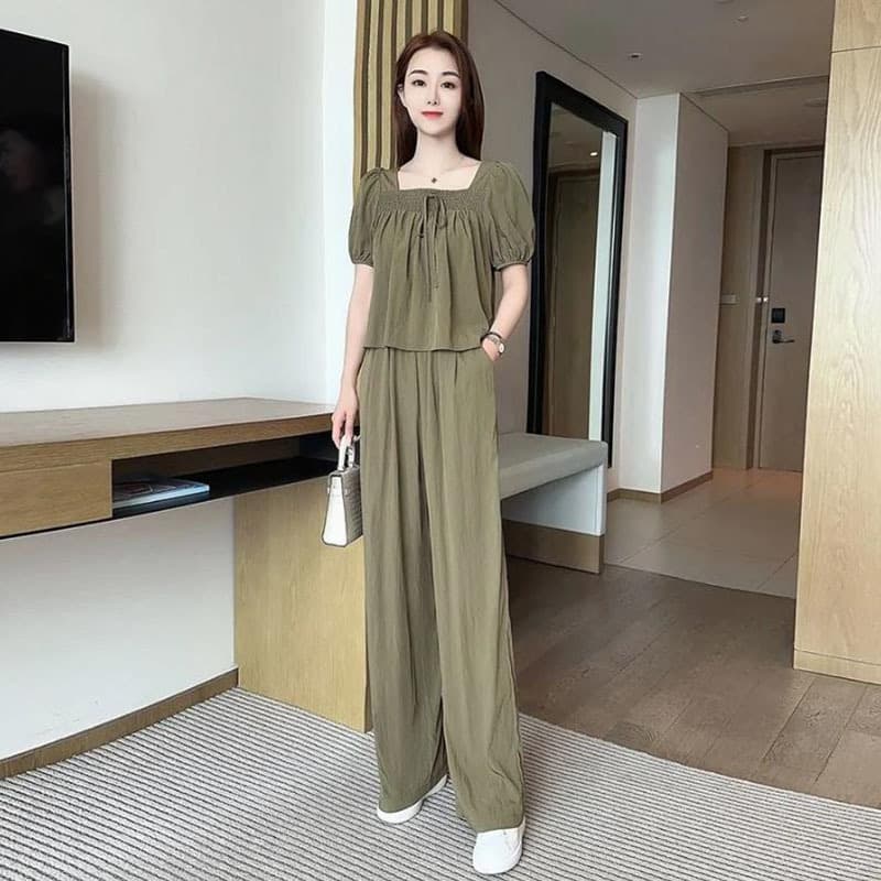 Fashionable Summer Set 2024 New Square Neck Puff Sleeve Top Wide Leg Pants Two-Piece Outfit for Women