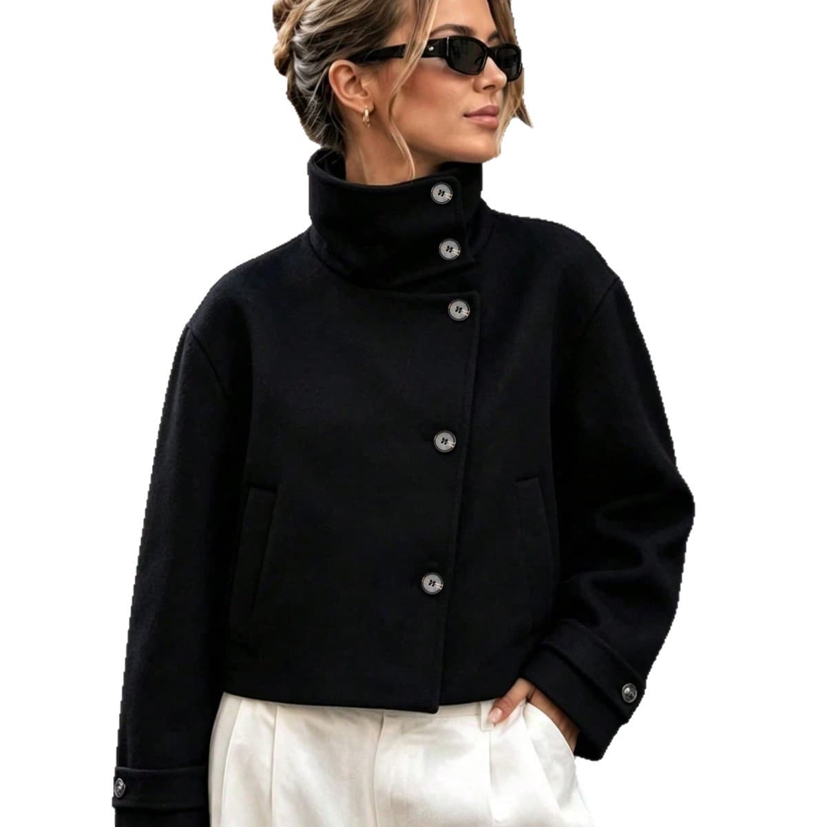 2026 New European and American Style High Stand Collar Asymmetric Button Short Wool Coat, Loose Drop Shoulder Long Sleeve with Pockets