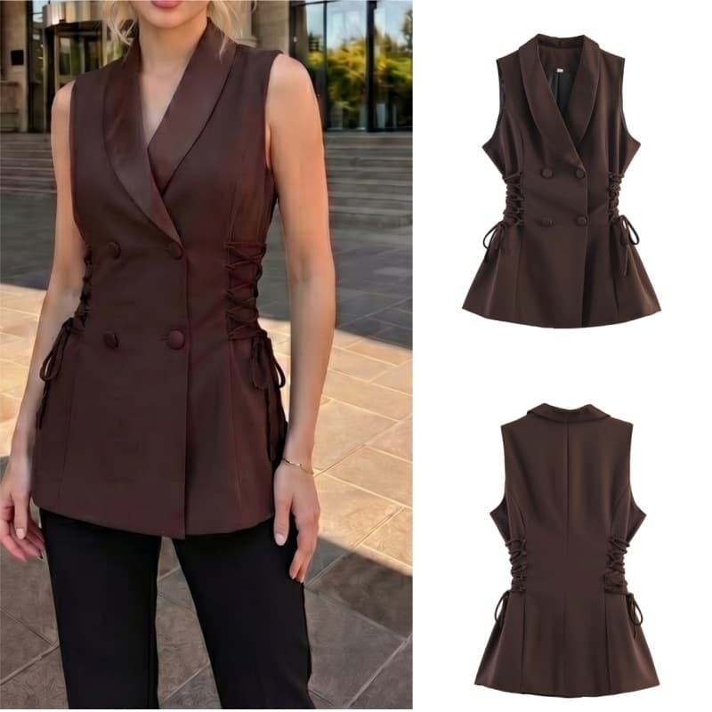 Cross-border European and American style wholesale French vintage commuter versatile tie-waist sleeveless suit vest jacket
