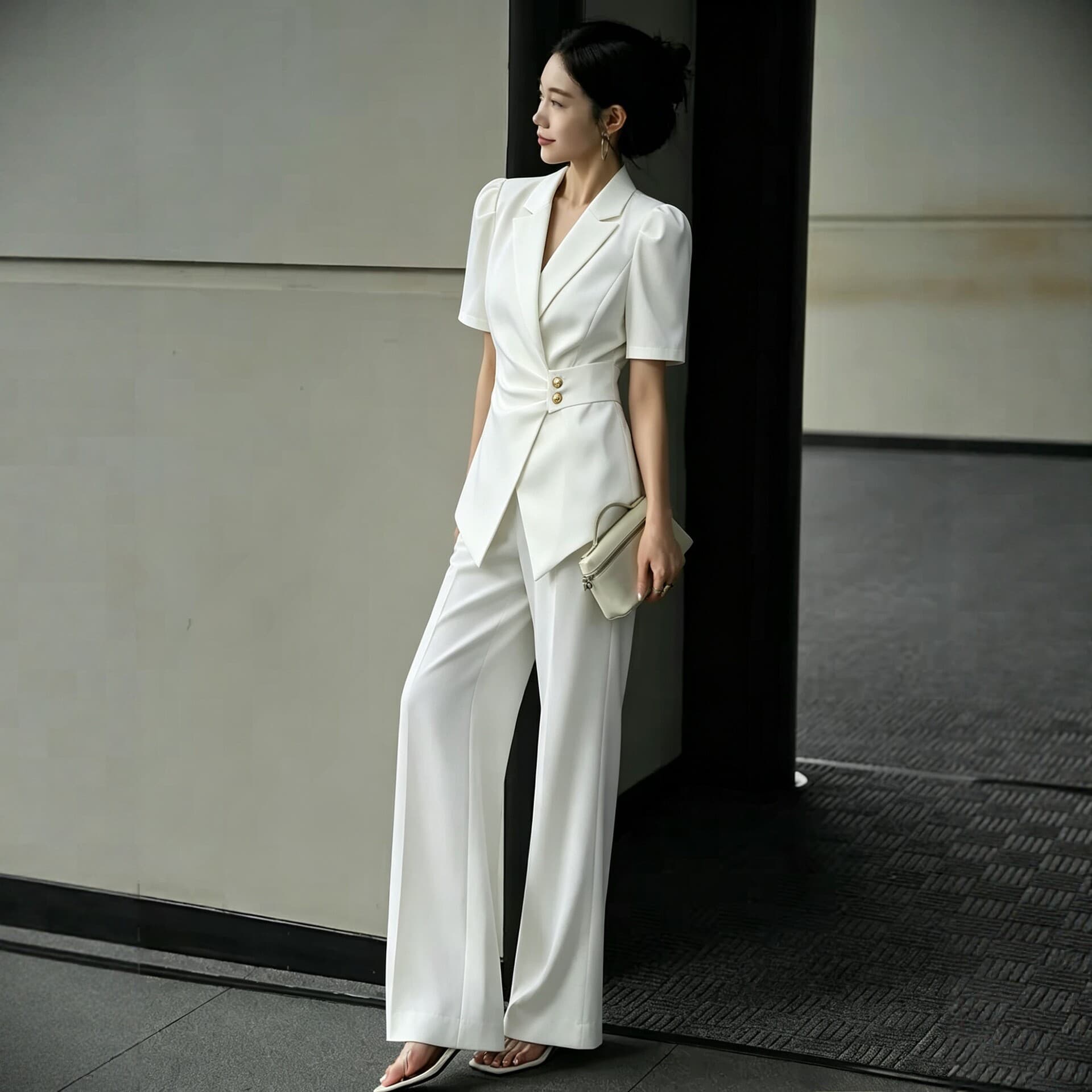 [5090] New Summer White Short-Sleeve Suit Set, Plus Size for Curvy Women, Office Wear, Slimming Fit