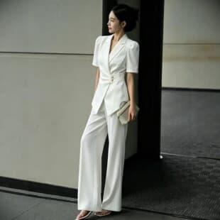 [5090] New Summer White Short-Sleeve Blazer Suit Set, Plus Size Curvy Women, Office Wear, Slimming