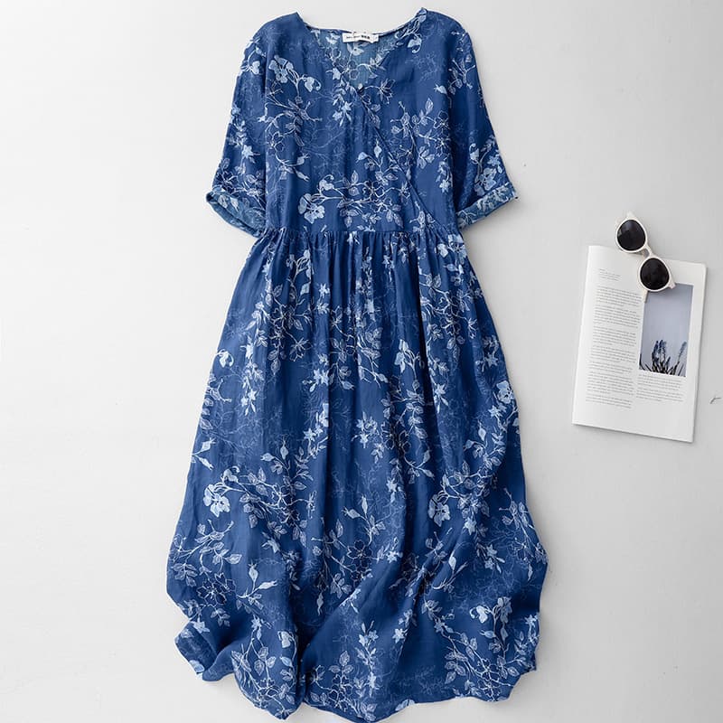 2026 Spring and Summer New Light Luxurious Ramie Kimono Dress Printed Over-the-Knee Loose Retro Blue Floral Skirt