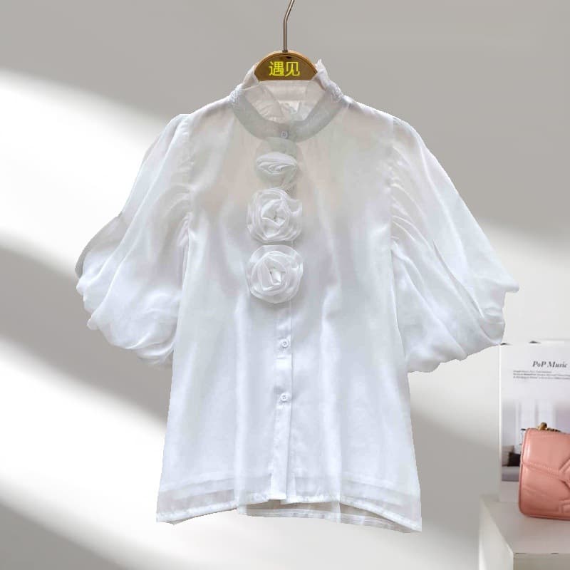 French Light Luxury Summer New French Fashion Embroidered Beaded Stand Collar Puff Sleeve 3D Floral Single-Breasted Blouse