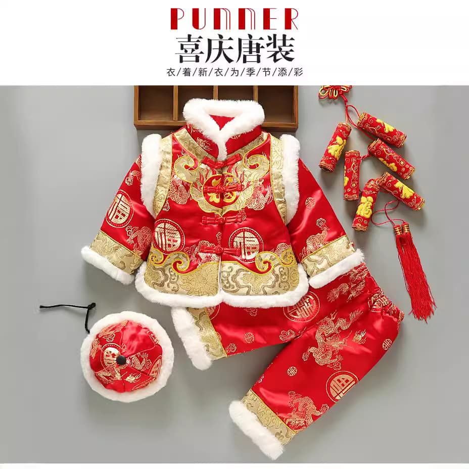 Baby 100-Day/First Birthday Chinese New Year Outfit Infant Silk Chinese-style Children's Tang Suit Brocade Three-piece Set Festive National Trend