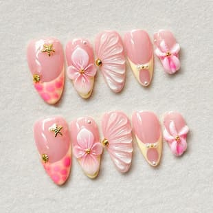 Cross-Border Short Wearable Nails, Pink Almond Nails, 3D Embossed Flower Blush False Nails, Manicure Wearable Nail Tips