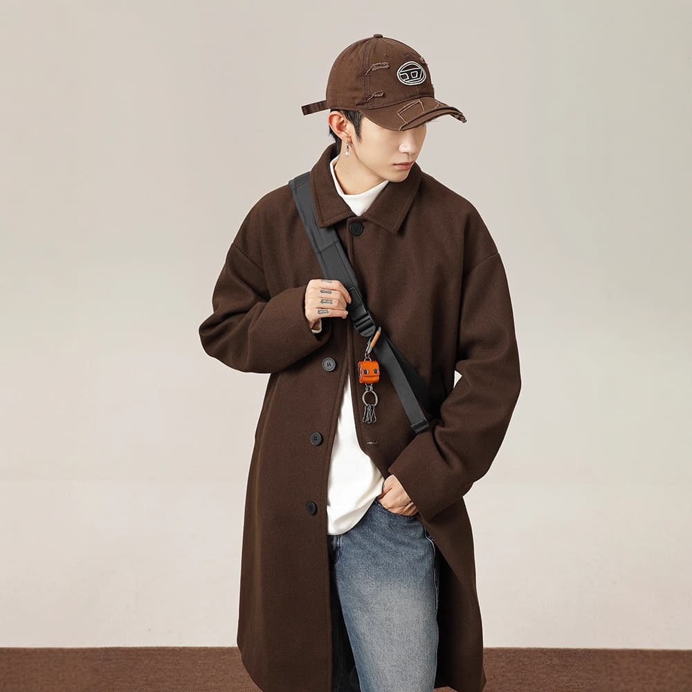 Men's mid-length, over-the-knee, windproof wool coat, extra thick and textured, suitable for autumn and winter, Japanese style, loose fit, trendy brand, lapel coat.