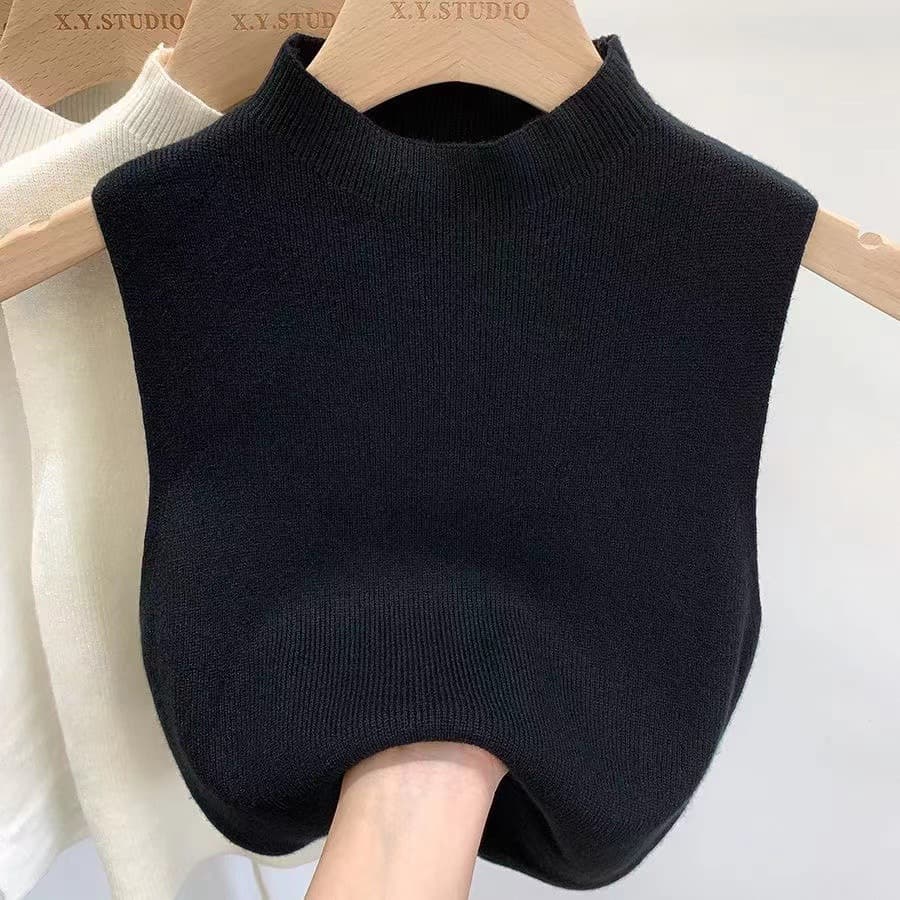 Sexy Knit Vest Small Tank Top for Women, Inner or Outer Wear, Solid Color Hot Girl Short Sleeveless Top, Semi-High Neck Layering Shirt