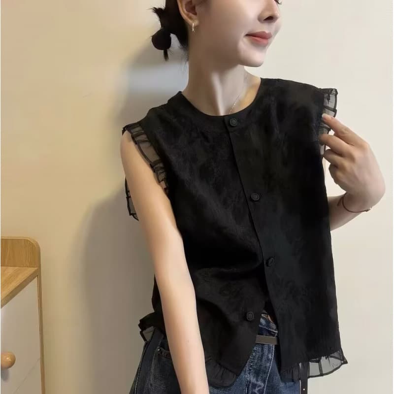 Ruffle Round Neck Sleeveless Blouse Women 26 New Summer Lightweight Loose Breathable Black Vest Top
