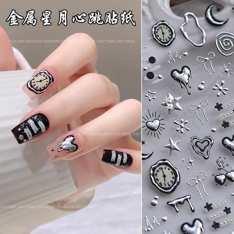 Liquid Metal Silver Heart Nail Sticker Ins Clock Star Sweet Cool Y2K Hot Girl Adhesive Nail Art Decoration