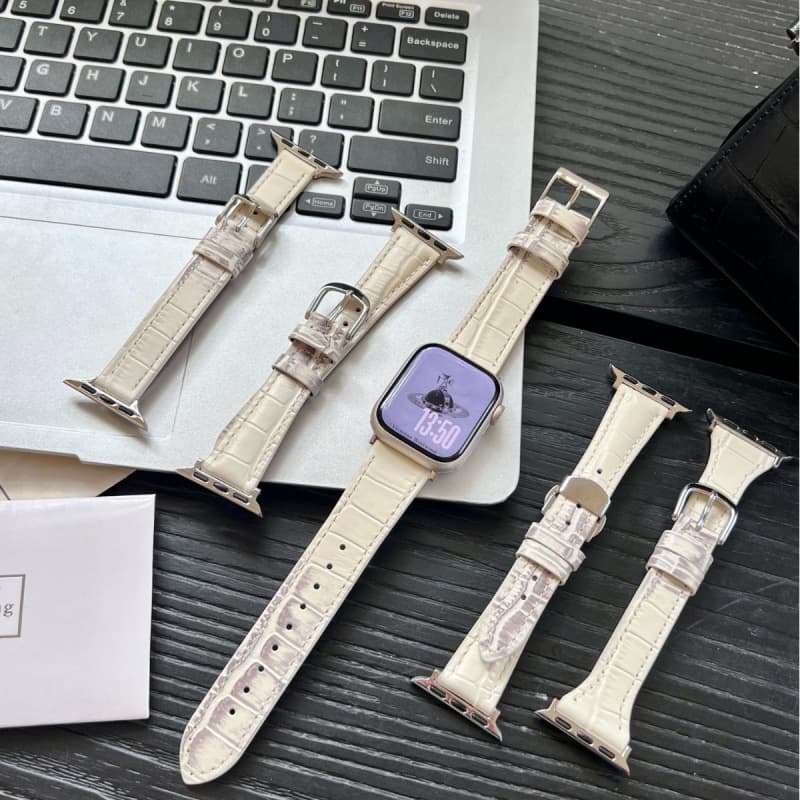 Genuine Leather Women's Watch Band Compatible with Apple Watch S9 S8 SE, Himalayan Crocodile Pattern, Universal Thin Strap