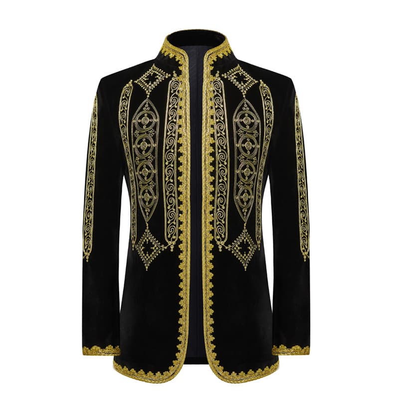 Retro Men's European-style Velvet Computer Embroidery Formal Wear Court Coat Black Gold-trimmed Opera Stage Performance Top