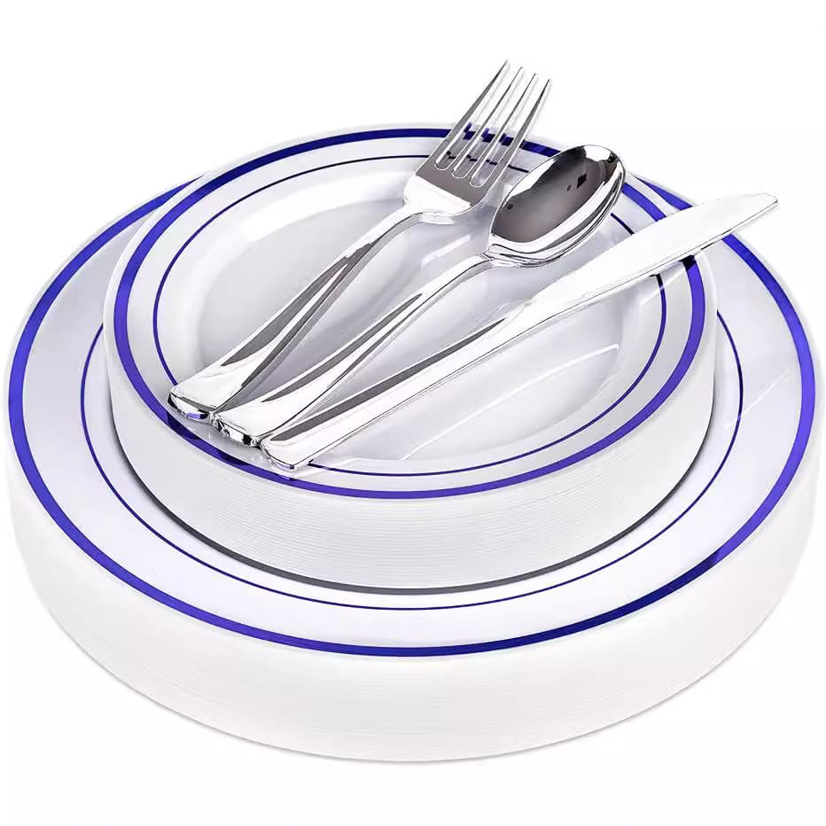 Disposable White Round Plates Blue Rim Party Tableware 7.5-inch Dessert Plates 10.25-inch Dinner Plates Blue