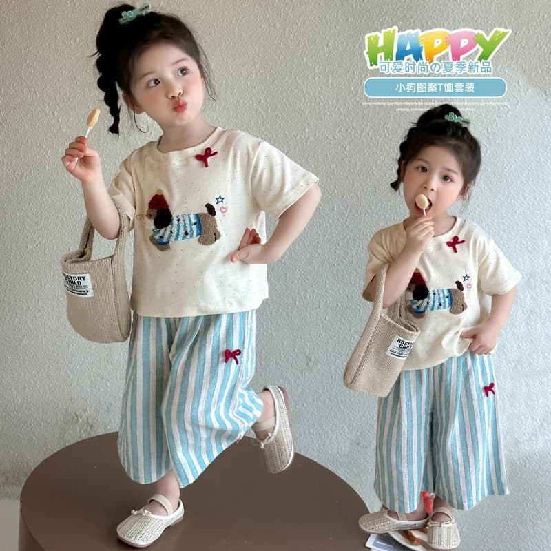 Sweet little girl summer suit T-shirt cartoon dachshund children striped wide leg pants girl skirt suit trendy