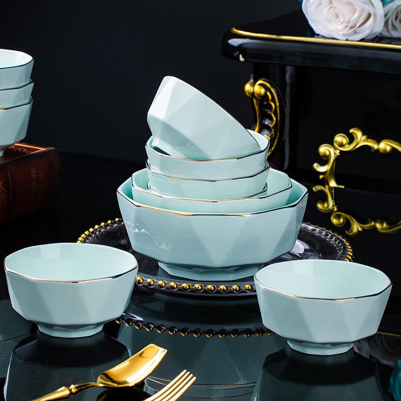 Jingdezhen Ceramic Tableware Porcelain Rice Bowl Noodle Bowl Large Soup Bowl Light Luxury Simple Hand-Painted Gold Diamond Bowl Wholesale