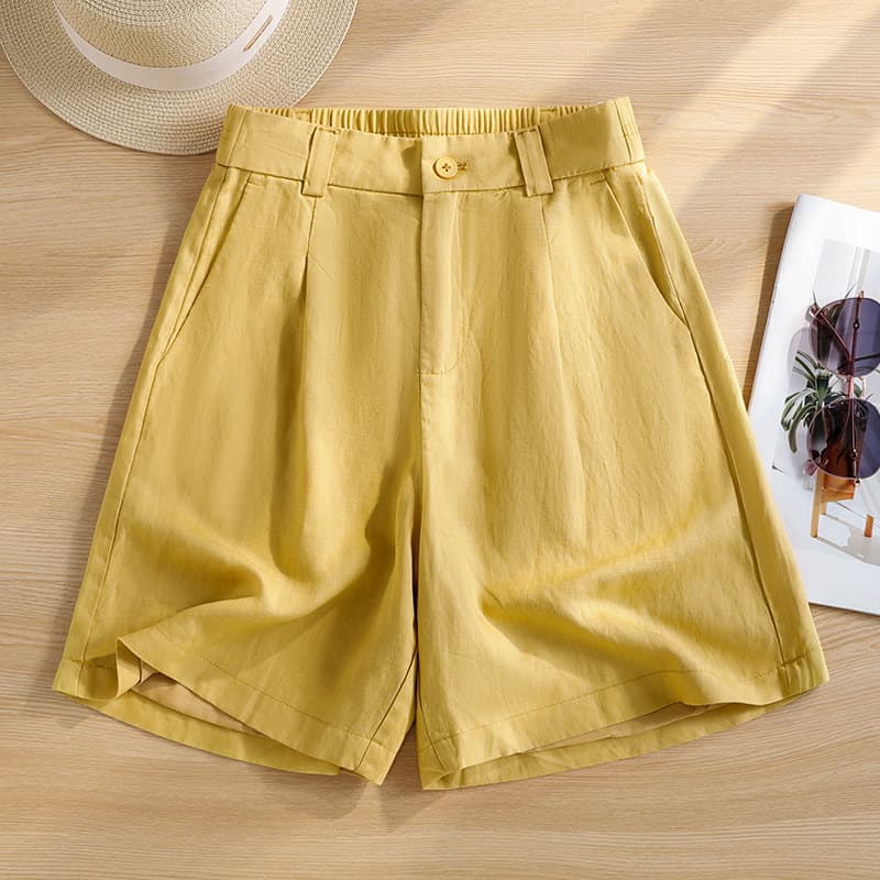 Stylish Yellow Tencel Linen Shorts for Women Summer Thin 2025 New Loose Five-Point Mid-Length Pants Wide-Leg Hot Pants