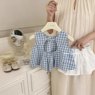 Summer Girls Backless Doll Top Korean Style Children's Summer Fresh Sweet Plaid Vest Shorts None