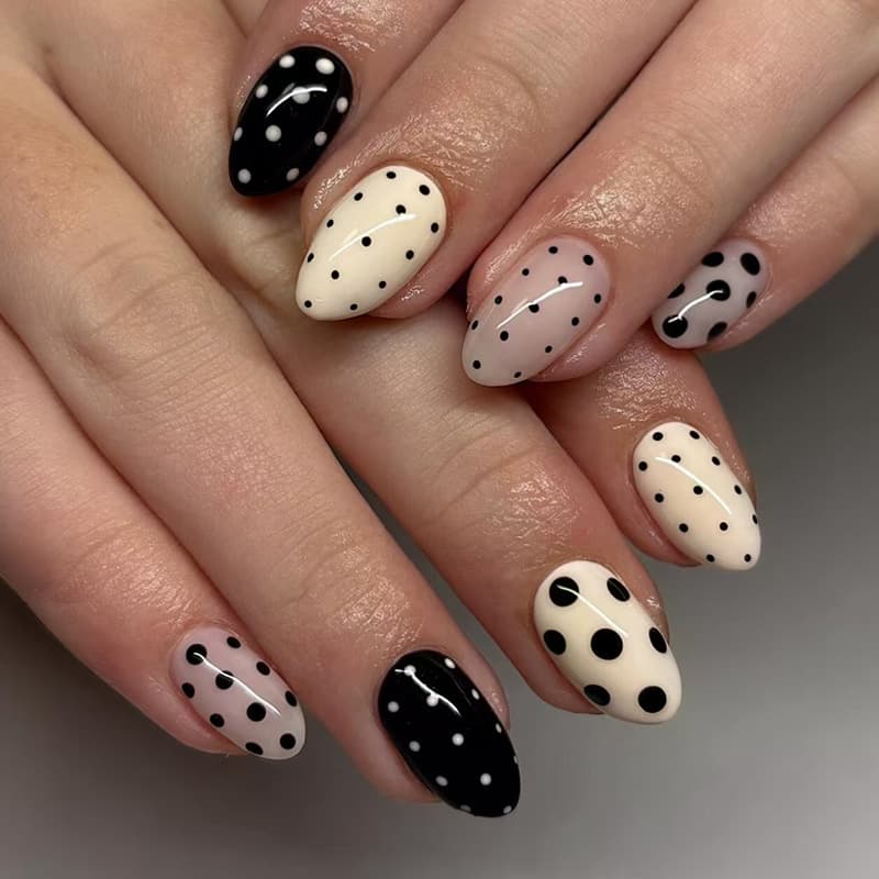 Cream Black and White Polka Dot Simple Elegant Whitening European and American Style Removable Nails 24 Press On Nails