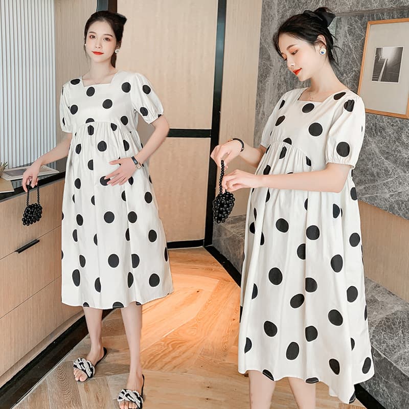 Summer Maternity Dress French Style Large Size Polka Dot Loose Belly Covering Knee-Length Dress Comfortable Casual Korean Style
