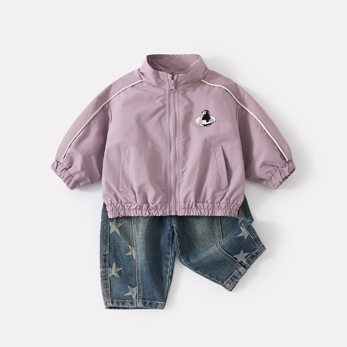 Autumn New Boys Korean Style Cartoon Embroidered Stand Collar Jacket Baby Star Print Jeans Two-Piece Set