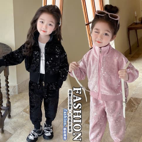 Girls Spring Autumn Fashion Sequined Zipper Set Kids Korean Style Casual Two-Piece Outfit Wholesale