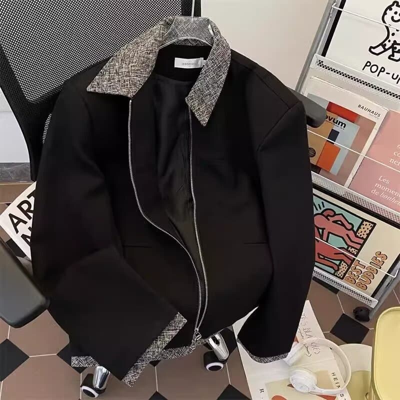 Cross-border small fragrance spliced lapel jacket men's autumn cleanfit short shoulder retro old money style jacket